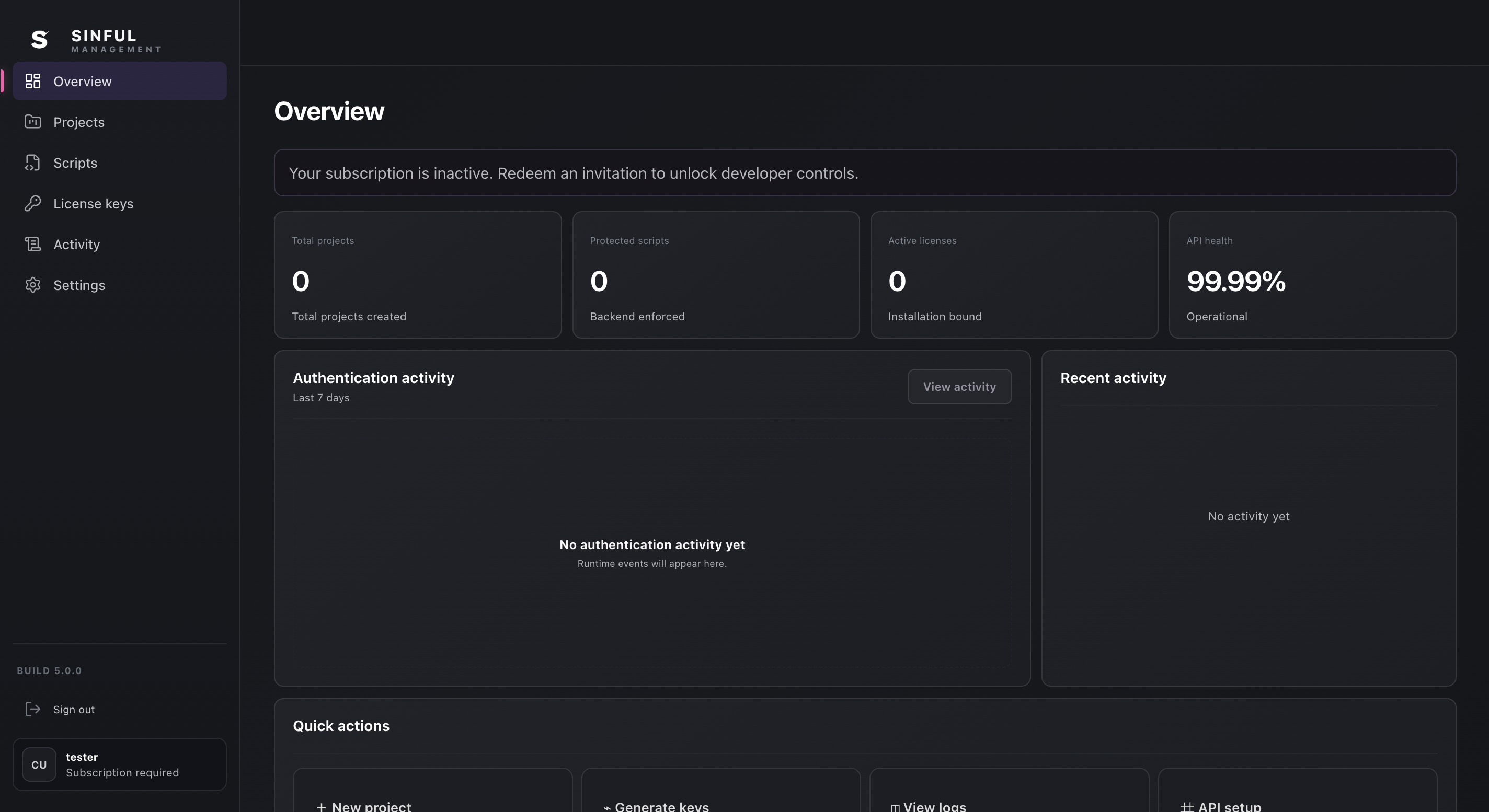 Sinful Management dashboard