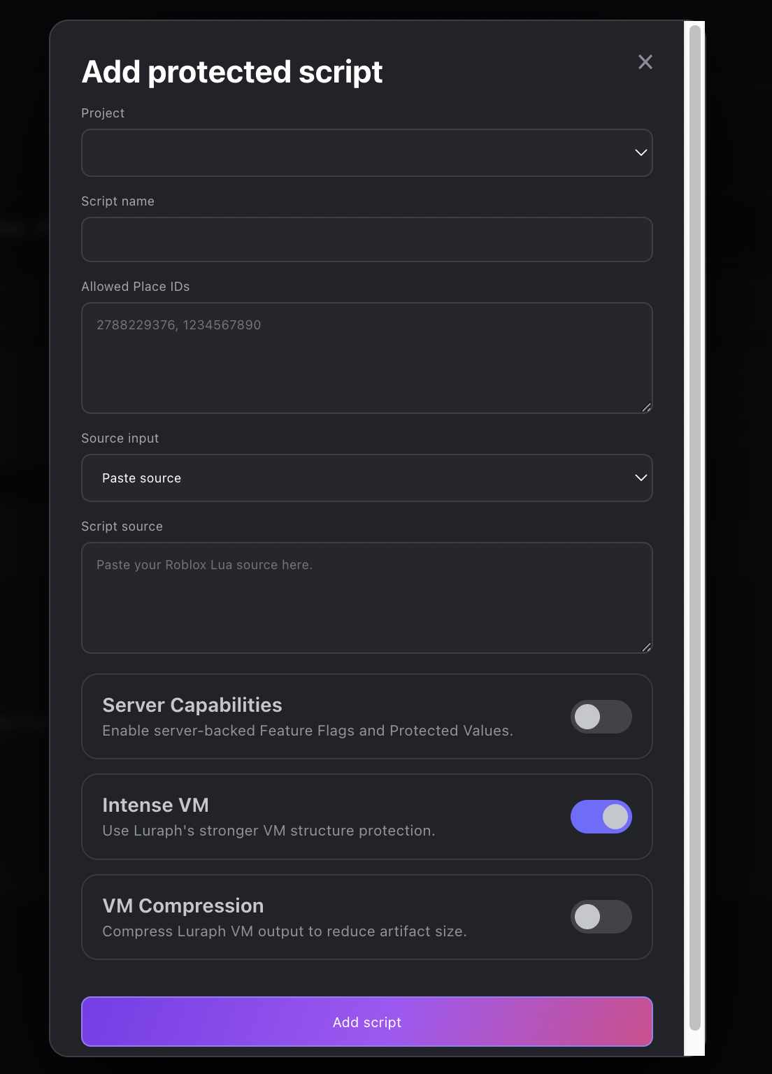 Script protection settings